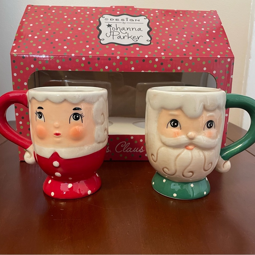 NIB JOHANNA PARKER MR. & MRS. CLAUS MUGS Cups Santa Christmas Holiday Retro